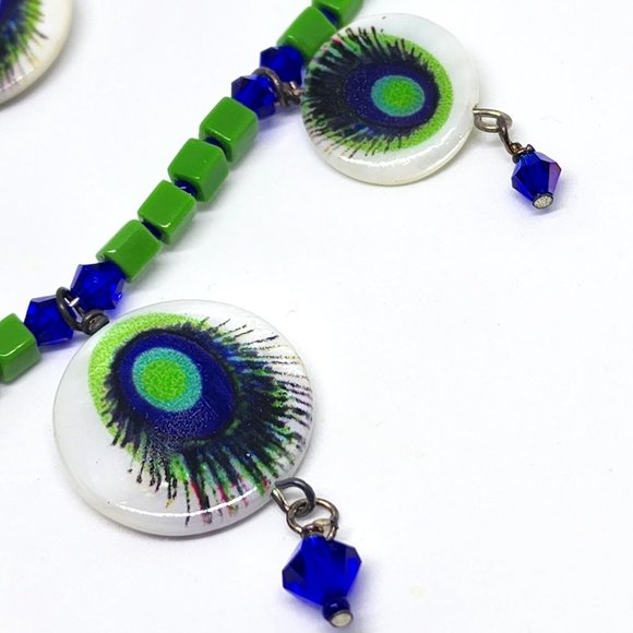 Vintage Peacock Blue Green MOP Handmade One of a Kind Necklace Earrings Set - Picture 5 of 8